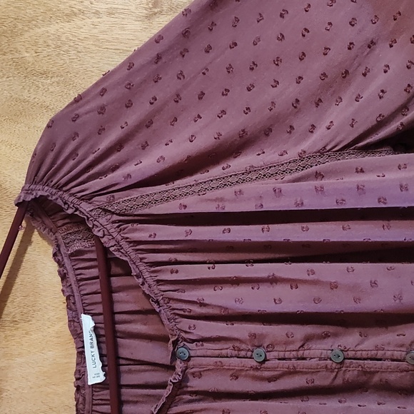 Lucky Brand Boho Cropped Swiss Dot Peasant Blouse Mauve Modal Blend Flowy Lace L - Picture 3 of 11